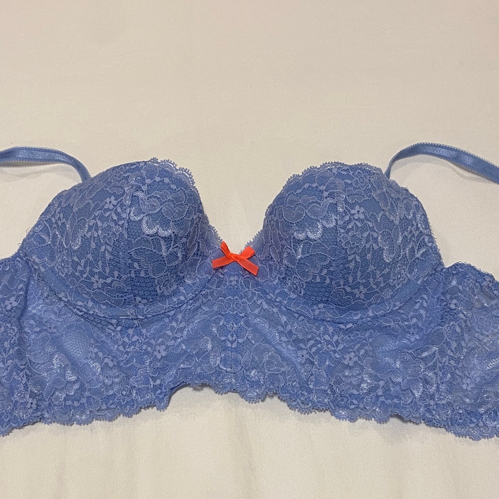 Victoria's Secret Lace Longline Balconette Bra - Periwinkle with Coral Bow